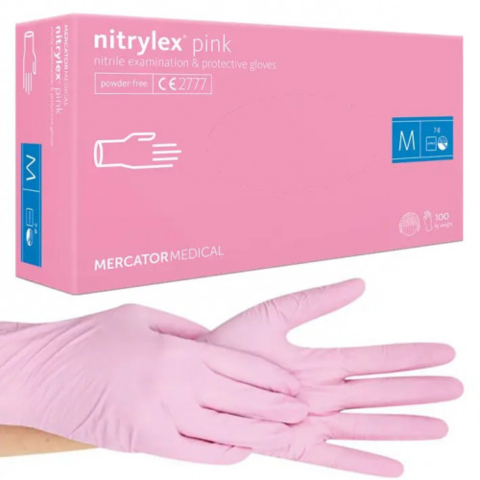 Рукавички нітрилові Mercator Nitrylex Pink неопудрені M (100 шт/пач), рожеві