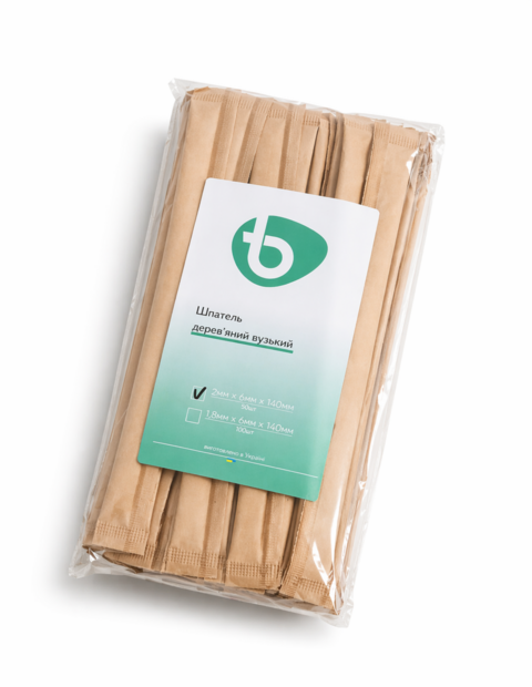 Шпатель деревянный узкий в индивидуальной упаковке Total Beauty 2*6*140 (50 шт/уп)