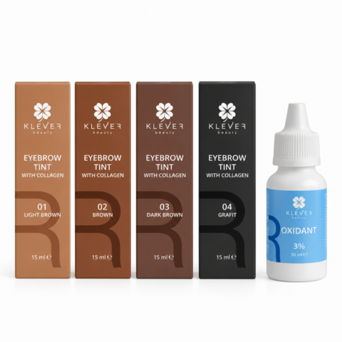 Набор красок с окислителем 3% для бровей Klever Beauty с коллагеном 4*15 мл