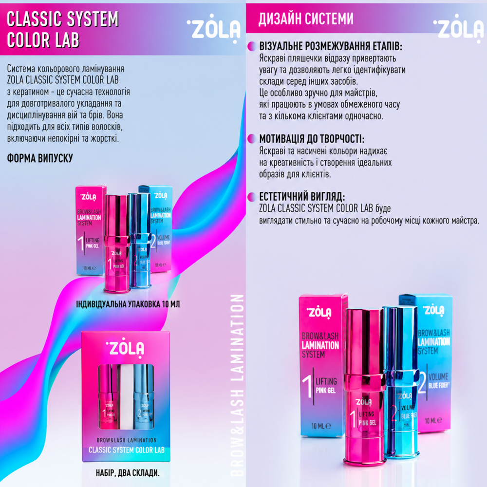 Набор ламинированных составов Zola Brow&Lash Lamination Classic System Color Lab 2*10 мл, фото 2