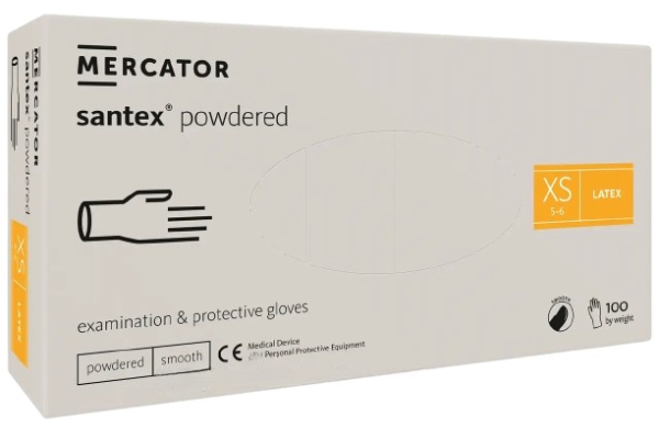 Перчатки латексные Mercator Santex Powdered опудренные XS (100шт/пач), белые