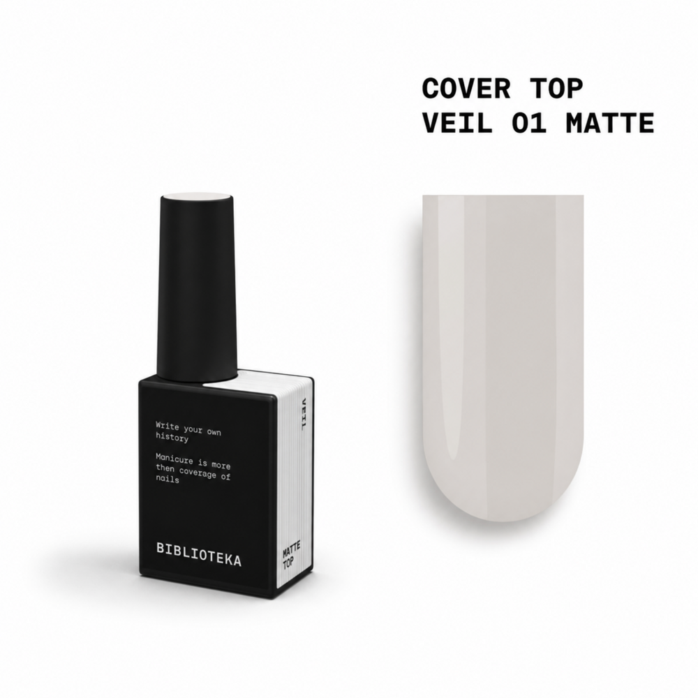Топ камуфлюючий матовий Biblioteka Matte Cover Top №01 Veil Напівпрозорий молочний 10 мл, фото 1