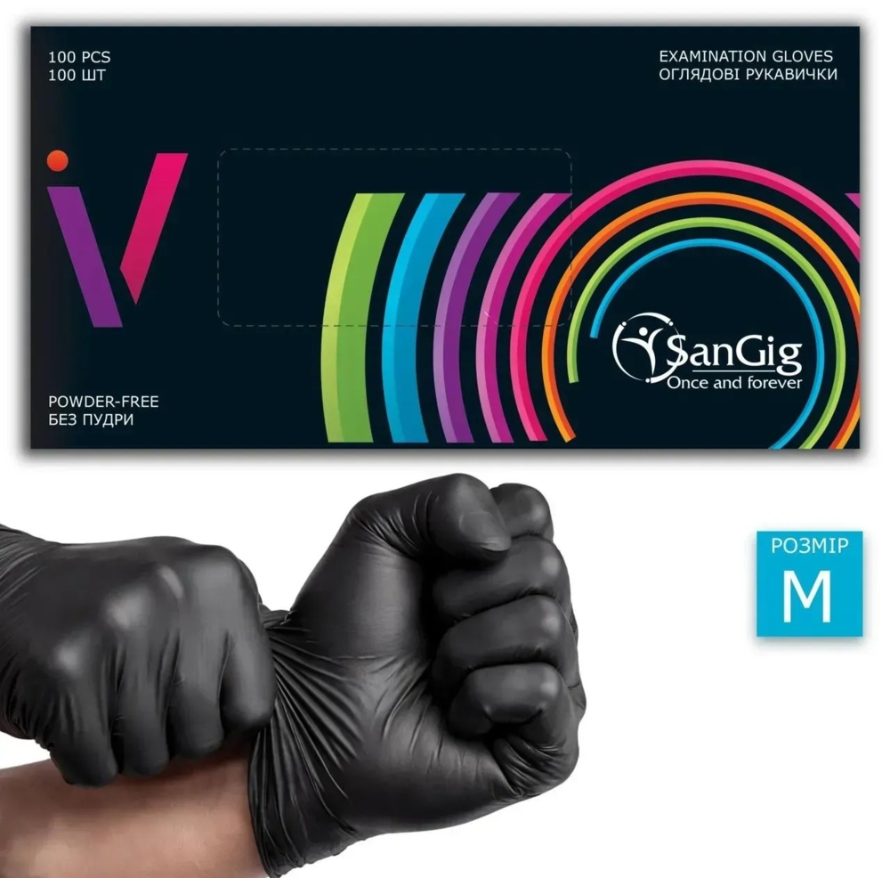 Рукавички нітрилові SanGig M 5г (100 шт/пач), чорні, фото 1