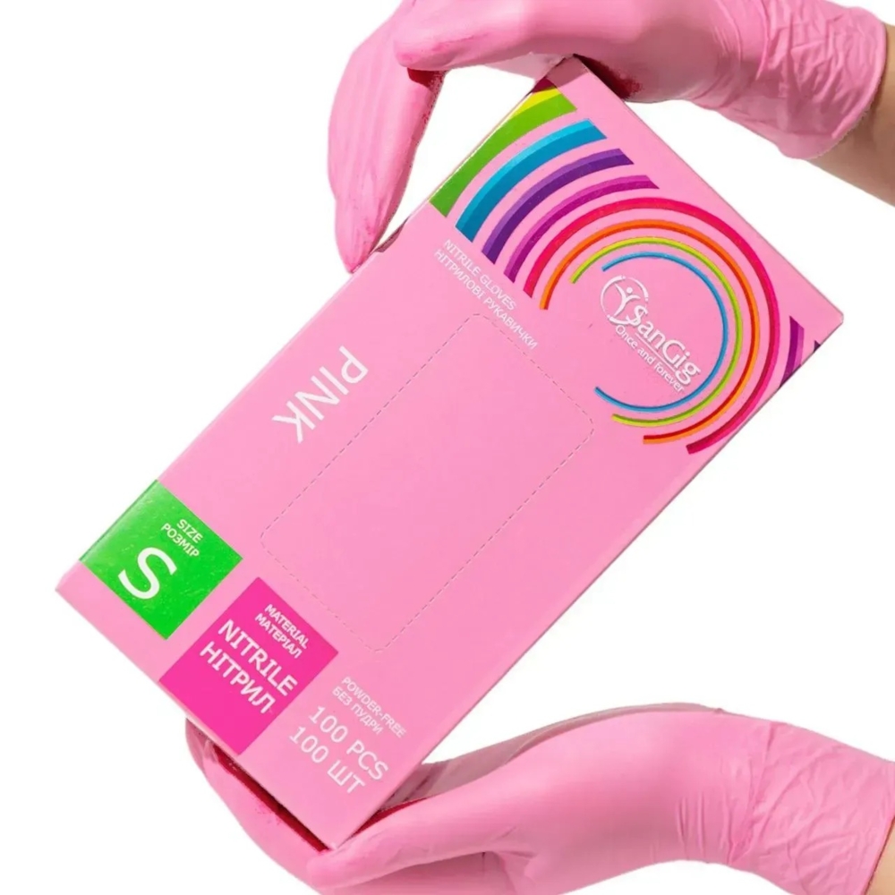 Рукавички нітрилові SanGig S (100 шт/пач), рожеві, фото 1