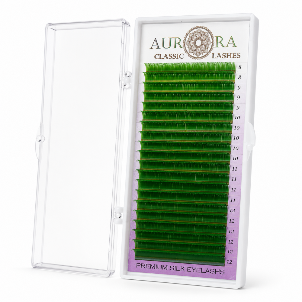 Ресницы Aurora Silk зеленые 20 линий Mix D 0.07 8-12 мм УЦЕНКА, фото 1