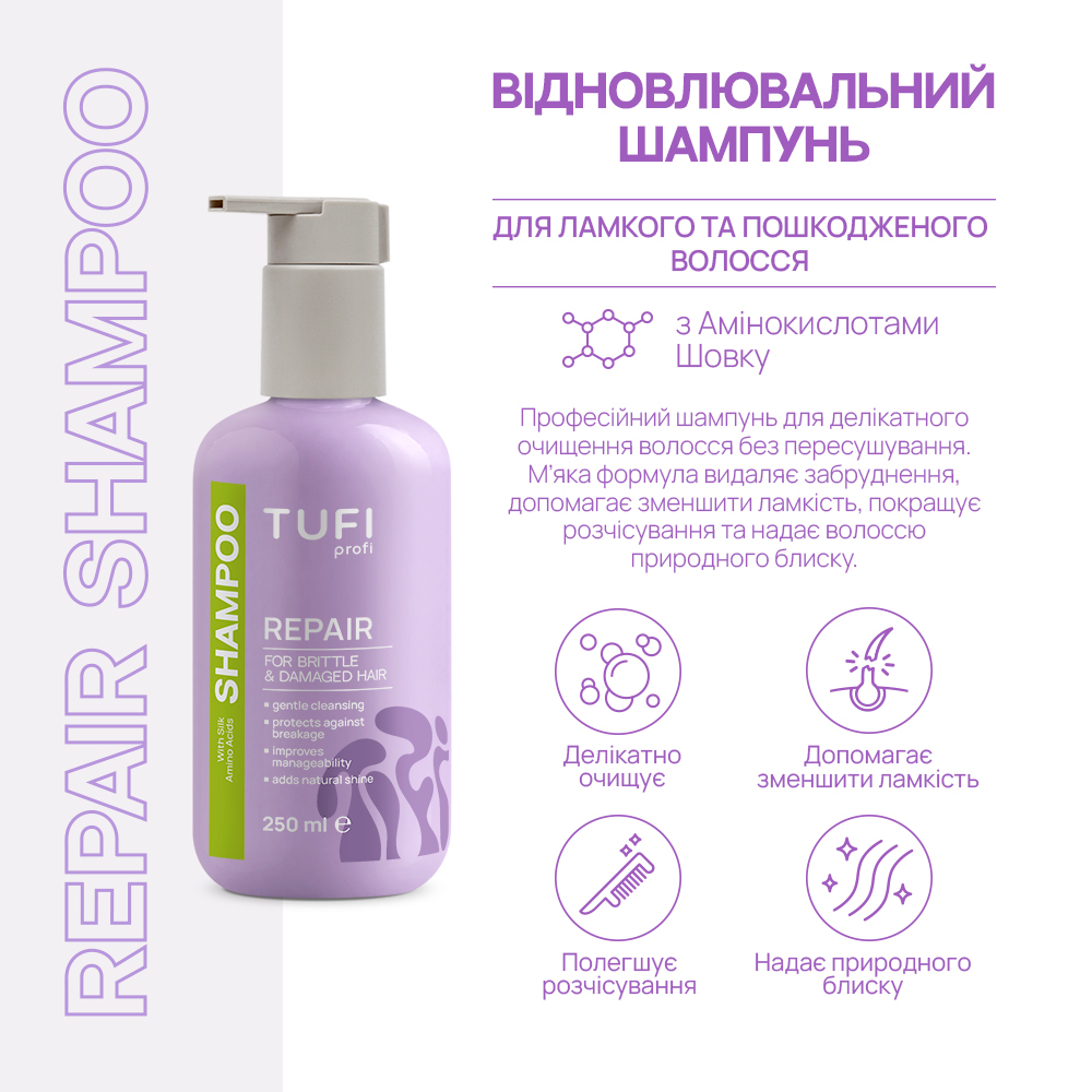 Шампунь відновлюючий для ламкого та пошкодженого волосся TUFI profi Repair з амінокислотами шовку 250 мл, фото 6