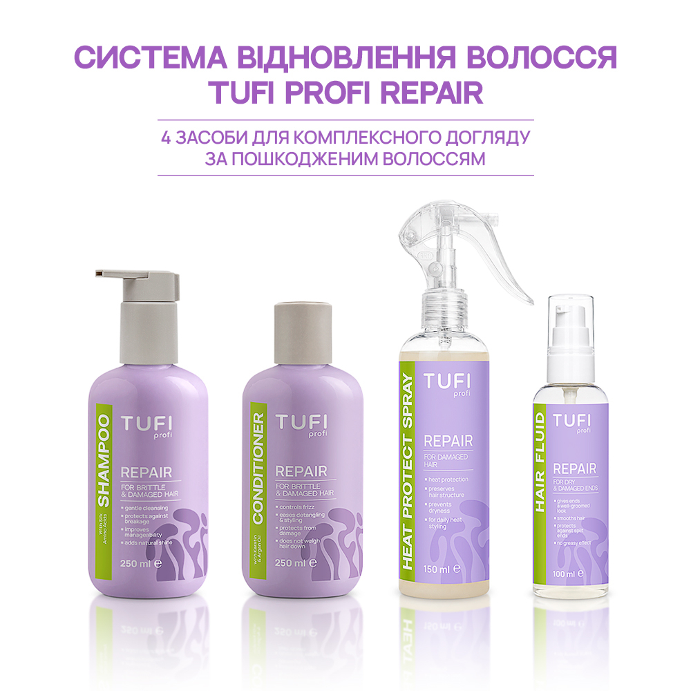 Шампунь відновлюючий для ламкого та пошкодженого волосся TUFI profi Repair з амінокислотами шовку 250 мл, фото 4